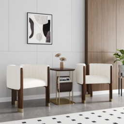 Modern Wood Accent Chair White Boucle Upholstered Arm Chair Set of 4 - thumbnail 3