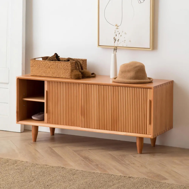 1000mm Wooden Storage Bench Storage Sliding Doors Natural Pine Wood - image 1