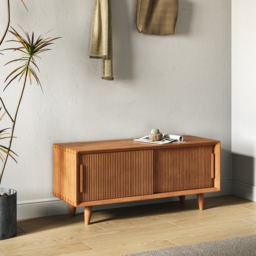 1000mm Wooden Storage Bench Storage Sliding Doors Natural Pine Wood - thumbnail 5
