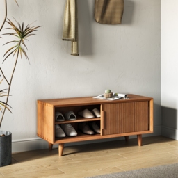 1000mm Wooden Storage Bench Storage Sliding Doors Natural Pine Wood - thumbnail 7