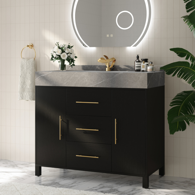 100 cm Freestanding Black Bathroom Vanity, Sintered Stone Countertop & Gold Handles - image 1
