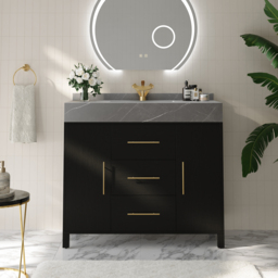 1000mm Freestanding Black Bathroom Vanity, Sintered Stone Countertop & Gold Handles - thumbnail 2