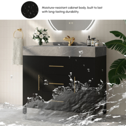 1000mm Freestanding Black Bathroom Vanity, Sintered Stone Countertop & Gold Handles - thumbnail 7