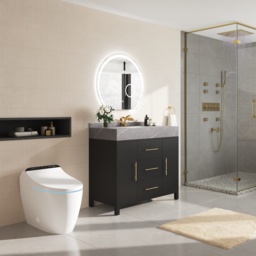 1000mm Freestanding Black Bathroom Vanity, Sintered Stone Countertop & Gold Handles - thumbnail 3