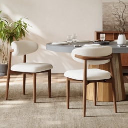 Modern Rubber Wood Walnut Dining Chair with Boucle Upholstery - thumbnail 2