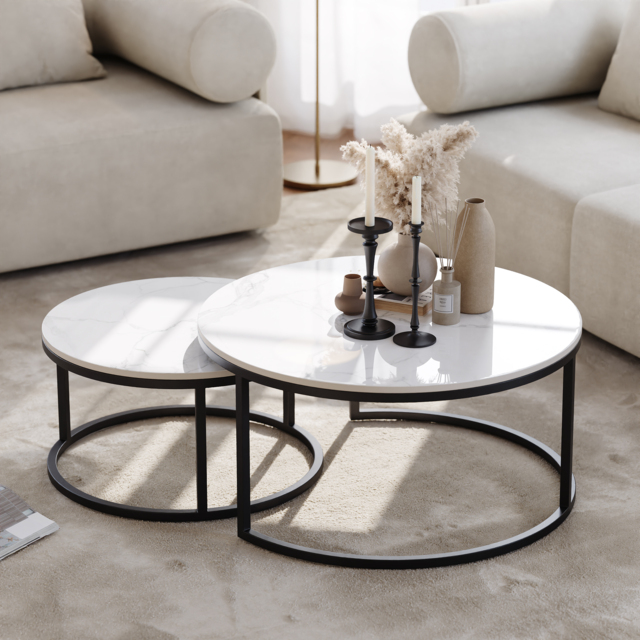 Round Sinterstone and Metal Coffee Table Set in White and Black with Nesting Design, 80 cm Modern Living Room Table - image 1