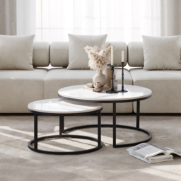 Round Sinterstone and Metal Coffee Table Set in White and Black with Nesting Design, 80 cm Modern Living Room Table - thumbnail 2