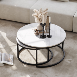 Round Sinterstone and Metal Coffee Table Set in White and Black with Nesting Design, 80 cm Modern Living Room Table - thumbnail 5