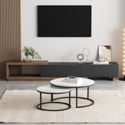 Round Sinterstone and Metal Coffee Table Set in White and Black with Nesting Design, 80 cm Modern Living Room Table - thumbnail 3