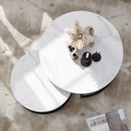 Round Sinterstone and Metal Coffee Table Set in White and Black with Nesting Design, 80 cm Modern Living Room Table - thumbnail 9