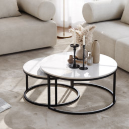 Round Sinterstone and Metal Coffee Table Set in White and Black with Nesting Design, 80 cm Modern Living Room Table - thumbnail 4