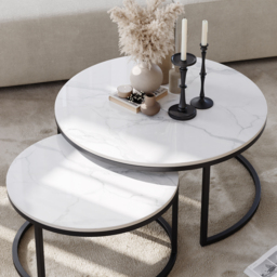 Round Sinterstone and Metal Coffee Table Set in White and Black with Nesting Design, 80 cm Modern Living Room Table - thumbnail 8