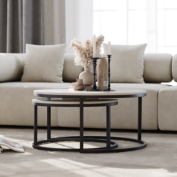 Round Sinterstone and Metal Coffee Table Set in White and Black with Nesting Design, 80 cm Modern Living Room Table - thumbnail 6