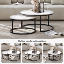 Round Sinterstone and Metal Coffee Table Set in White and Black with Nesting Design, 80 cm Modern Living Room Table - thumbnail 7