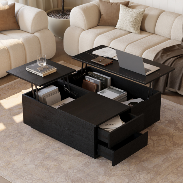 100 cm Square Lift-Top Travertine Veneer Sintered Stone Coffee Table with Storage - image 1