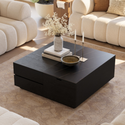 100 cm Square Lift-Top Travertine Veneer Sintered Stone Coffee Table with Storage - thumbnail 3