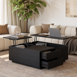 100 cm Square Lift-Top Travertine Veneer Sintered Stone Coffee Table with Storage - thumbnail 4