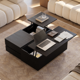 100 cm Square Lift-Top Travertine Veneer Sintered Stone Coffee Table with Storage - thumbnail 2