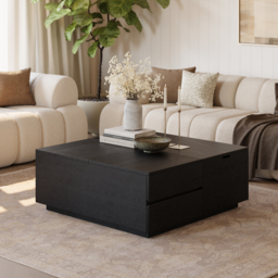 100 cm Square Lift-Top Travertine Veneer Sintered Stone Coffee Table with Storage - thumbnail 5