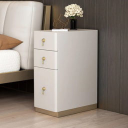 Modern Off White 3-Drawer Nightstand Narrow Bedside Table with Faux Leather Upholstery - thumbnail 1