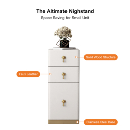 Modern Off White 3-Drawer Nightstand Narrow Bedside Table with Faux Leather Upholstery - thumbnail 3