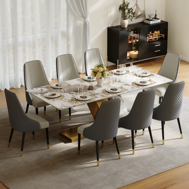 Modern 2200mm Rectangle Sintered Stone Dining Table with 8 Chairs in Gold - image 1