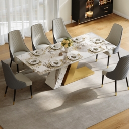 Modern 2200mm Rectangle Sintered Stone Dining Table with 8 Chairs in Gold - thumbnail 2