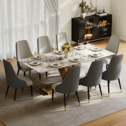 Modern 2200mm Rectangle Sintered Stone Dining Table with 8 Chairs in Gold - thumbnail 1