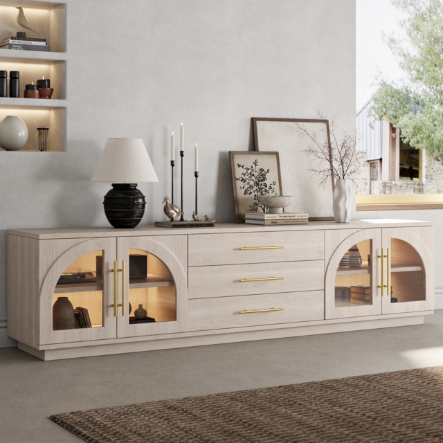 Arune Japandi Whitewash TV Stand with LED Lights and Arched Glass Cabinet Doors - image 1