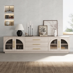 Arune Japandi Whitewash TV Stand with LED Lights and Arched Glass Cabinet Doors - thumbnail 6