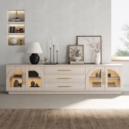 Arune Japandi Whitewash TV Stand with LED Lights and Arched Glass Cabinet Doors - thumbnail 2