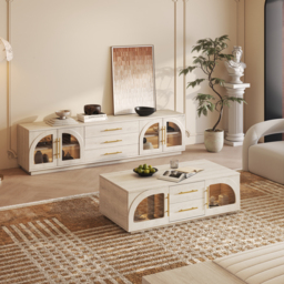 Arune Japandi Whitewash TV Stand with LED Lights and Arched Glass Cabinet Doors - thumbnail 4