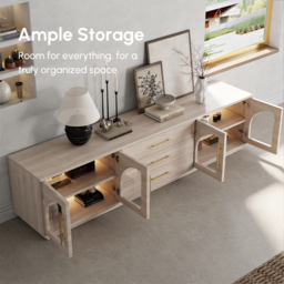 Arune Japandi Whitewash TV Stand with LED Lights and Arched Glass Cabinet Doors - thumbnail 7