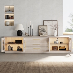 Arune Japandi Whitewash TV Stand with LED Lights and Arched Glass Cabinet Doors - thumbnail 3