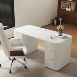 "Modern White Ash Wood Rectangular Desk & Reclining Leather Office Desk Chair (63.8"")" - thumbnail 1