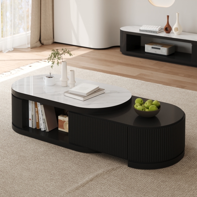 Sintered Stone Round Coffee Table Modern Black Living Room Furniture with Storage - image 1