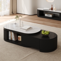 Sintered Stone Round Coffee Table Modern Black Living Room Furniture with Storage