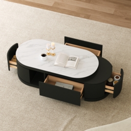 Sintered Stone Round Coffee Table Modern Black Living Room Furniture with Storage - thumbnail 4