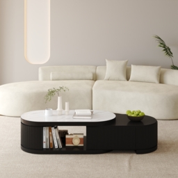 Sintered Stone Round Coffee Table Modern Black Living Room Furniture with Storage - thumbnail 2