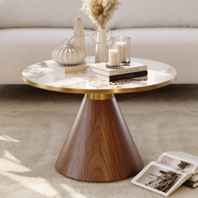 Sintered Stone Round Coffee Table Modern Walnut Living Room Furniture - image 1