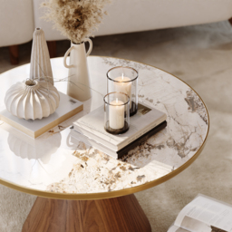 Sintered Stone Round Coffee Table Modern Walnut Living Room Furniture - thumbnail 7