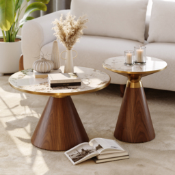 Sintered Stone Round Coffee Table Modern Walnut Living Room Furniture - thumbnail 2
