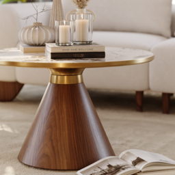Sintered Stone Round Coffee Table Modern Walnut Living Room Furniture - thumbnail 8