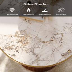 Sintered Stone Round Coffee Table Modern Walnut Living Room Furniture - thumbnail 9