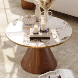 Sintered Stone Round Coffee Table Modern Walnut Living Room Furniture - thumbnail 3