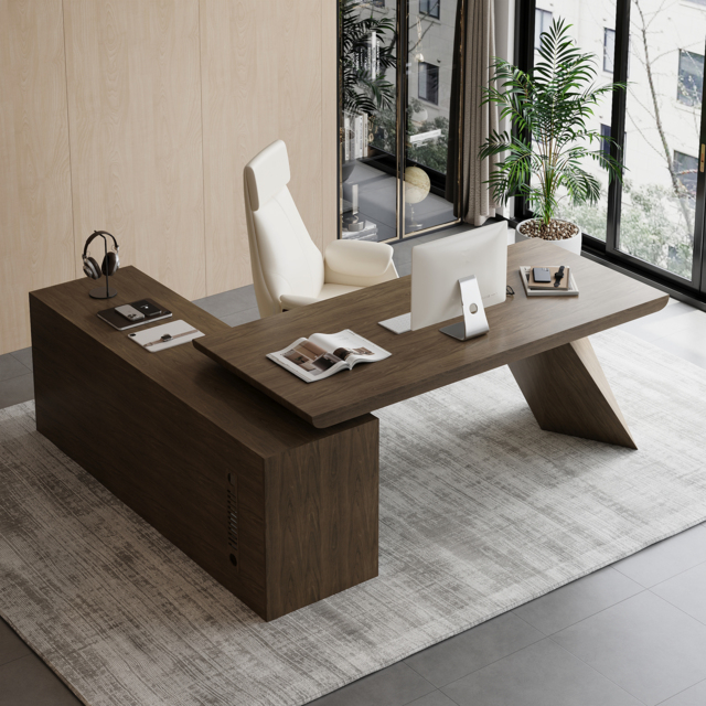 "Modern 71"" L-Shaped Smoked Brown Executive Desk with Right-Side Cabinet" - image 1