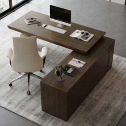"Modern 71"" L-Shaped Smoked Brown Executive Desk with Right-Side Cabinet" - thumbnail 5