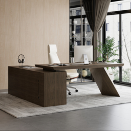 "Modern 71"" L-Shaped Smoked Brown Executive Desk with Right-Side Cabinet" - thumbnail 3
