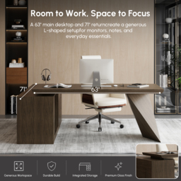 "Modern 71"" L-Shaped Smoked Brown Executive Desk with Right-Side Cabinet" - thumbnail 7