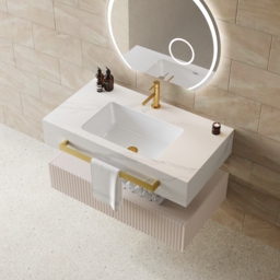 "36"" Floating Bathroom Vanity with Double Sinks, Sintered Stone Countertop, Gold Towel Bar" - thumbnail 2